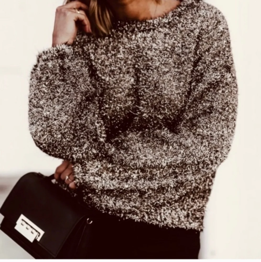 Anthropologie Leith Sweater Silver Black Metallic Tinsel Oversized XS
